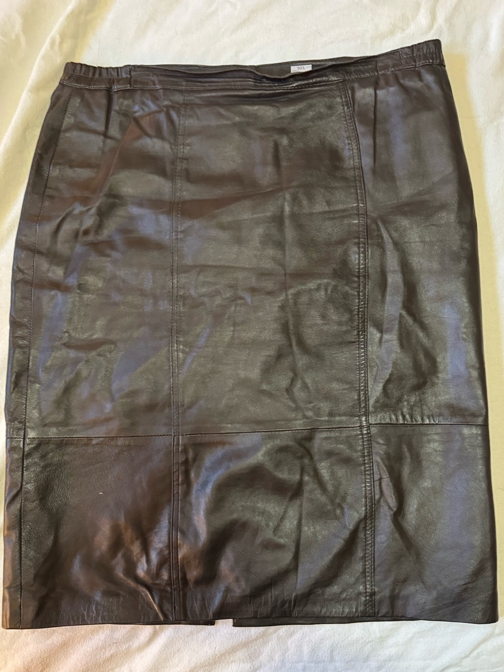 3XL Genuine Leather Dark Brown Paneled Plus Size Midi Skirt